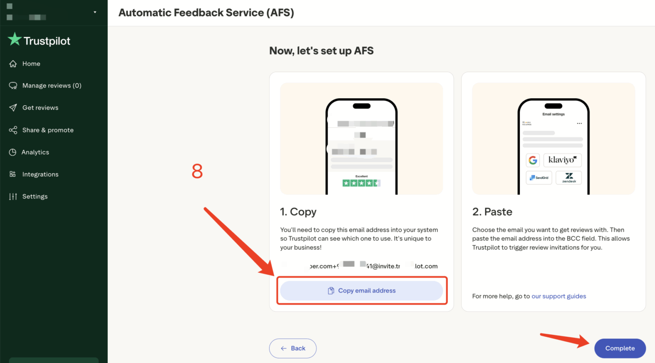 Now, let's set up AFS: You'll get an email address at yourdomain.com+123f781@invite.trustpilot.com.